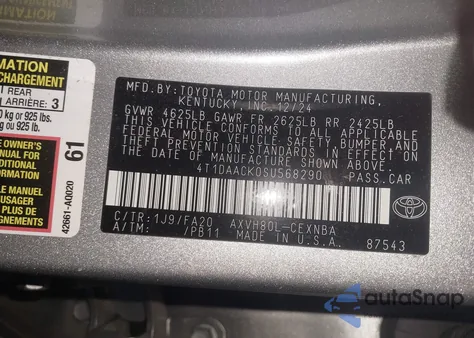 2025 Toyota Camry Le from USA, damaged, VIN 4T1DAACK0SU568290